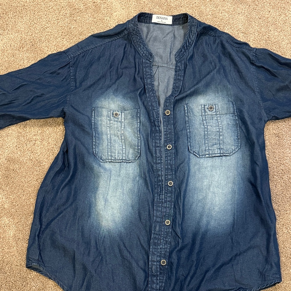 ZENANA Washed Indigo Button-Up Pocket Shirt
